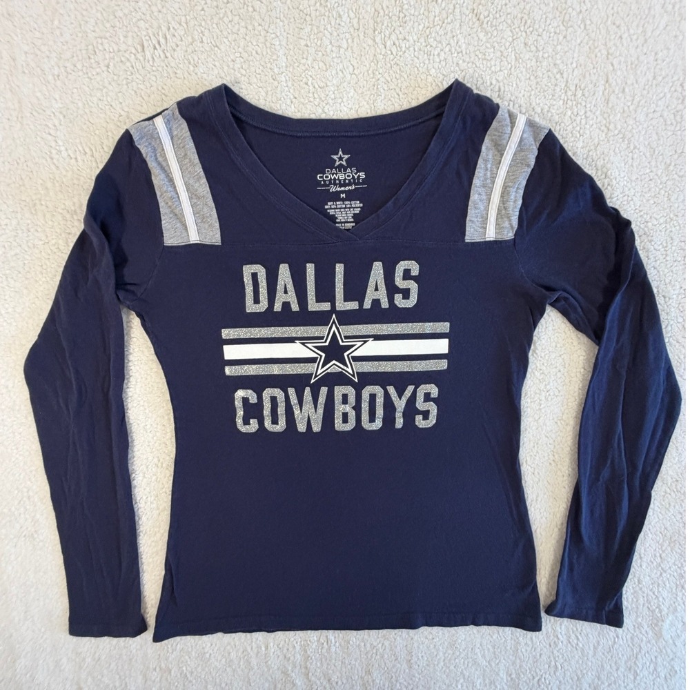 Dallas Cowboys T-Shirt Women M Navy Blue Excellent V-Neck Long Sleeve Glitter